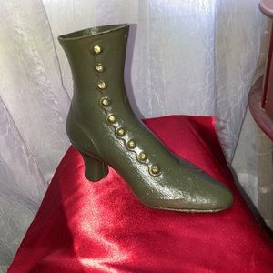 Vintage Metal Shoe Boot Jar or Vase painted Green Gray